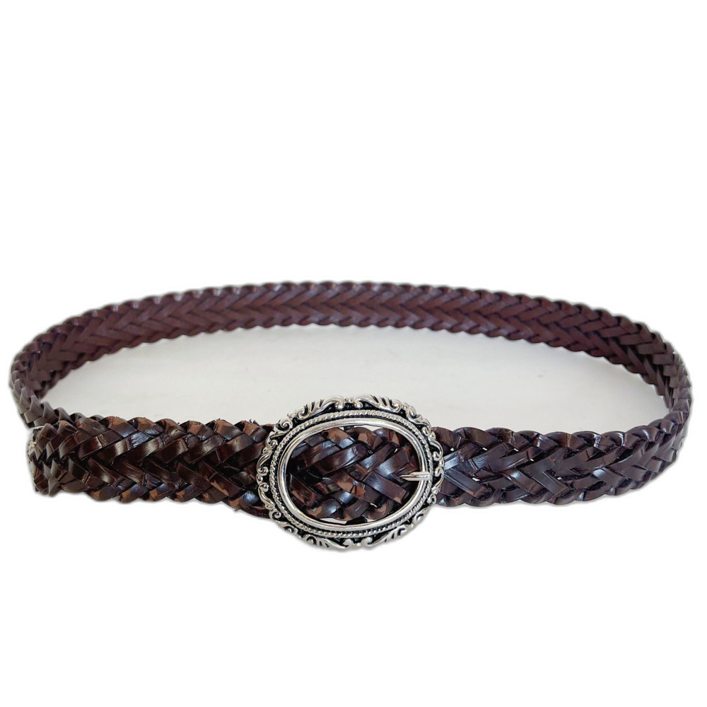 Vintage Brown Leather Braided Belt Silver Statement Buckle Size M